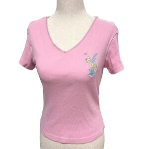 Y2K 2000s Disney Baby Pink Tinkerbell Glitter Trim V-neck Baby Tee